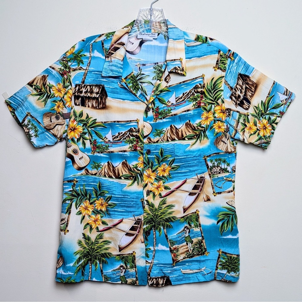 Vintage Bishop St Hawaiian Aloha Hula Made‎ In Hawaii USA Button Up Shirt 14-16